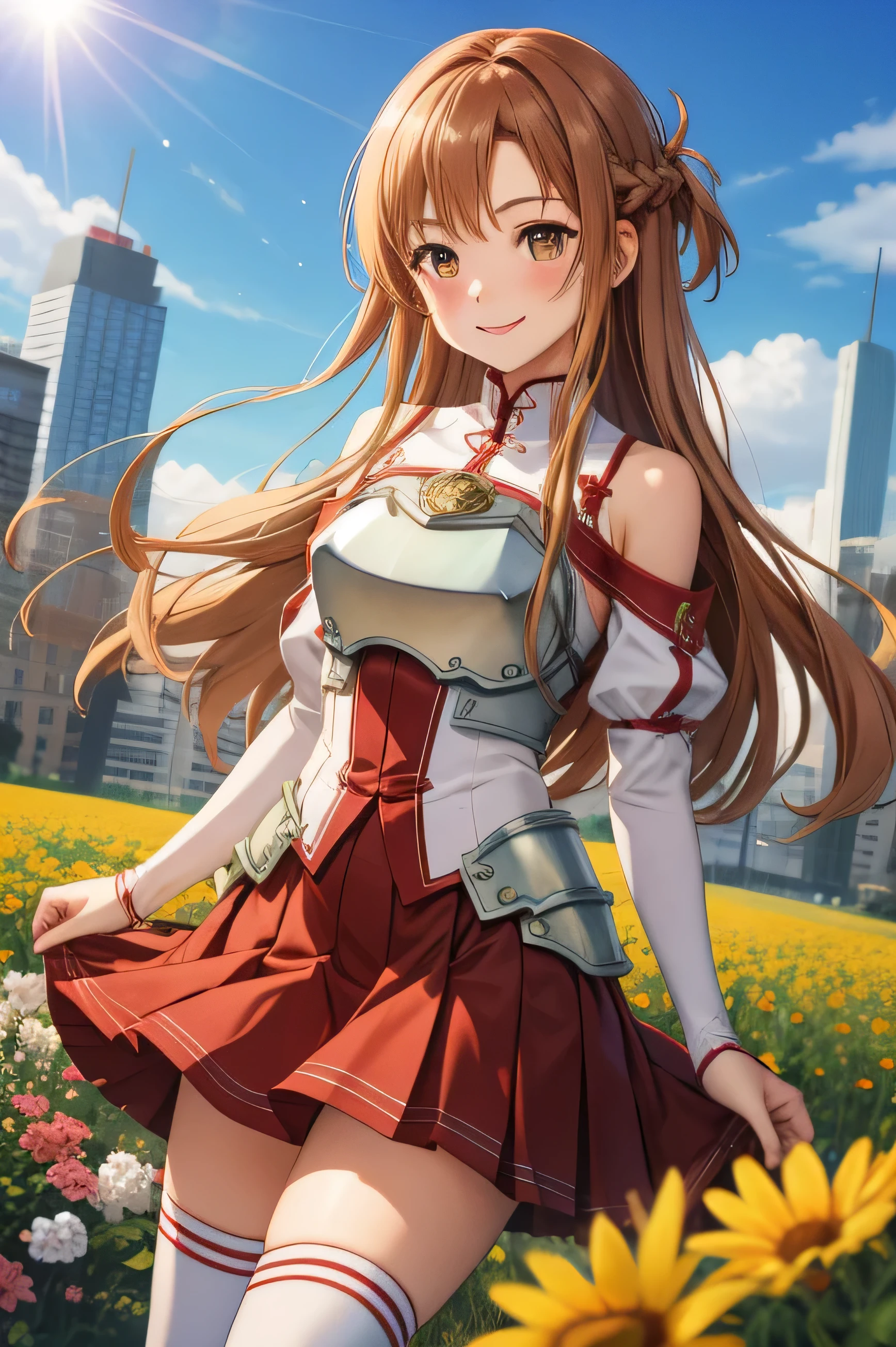 masterpiece, Highest quality, High resolution, Absurd, Super detailed, cute eyes, cute_hand,
Ahh sun, Long Hair, Brown Hair, Braiding, Brown eyes, Bare shoulders, armor, breastplate, White sleeves, Removable sleeves, Red Skirt, Pleated skirt, White knee socks, smile, Happy, Blushing,
intersection_fields, city, Flowers, wood