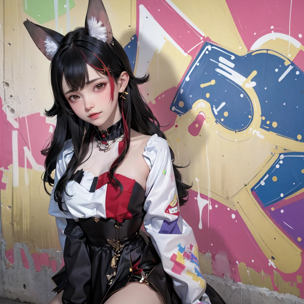 (best quality), masterpiece, Extremely detailed CG8K painting, high color, Extremely high color saturation, All colors are deepened, painting, graffiti art, central composition, Extremely detailed light and shadow, graffiti wall, The walls are painted bright colors, 1 girl graffiti 1 girl looking at the wall, The face and eyes are very detailed, medium length hair, sportswear, colorful clouds