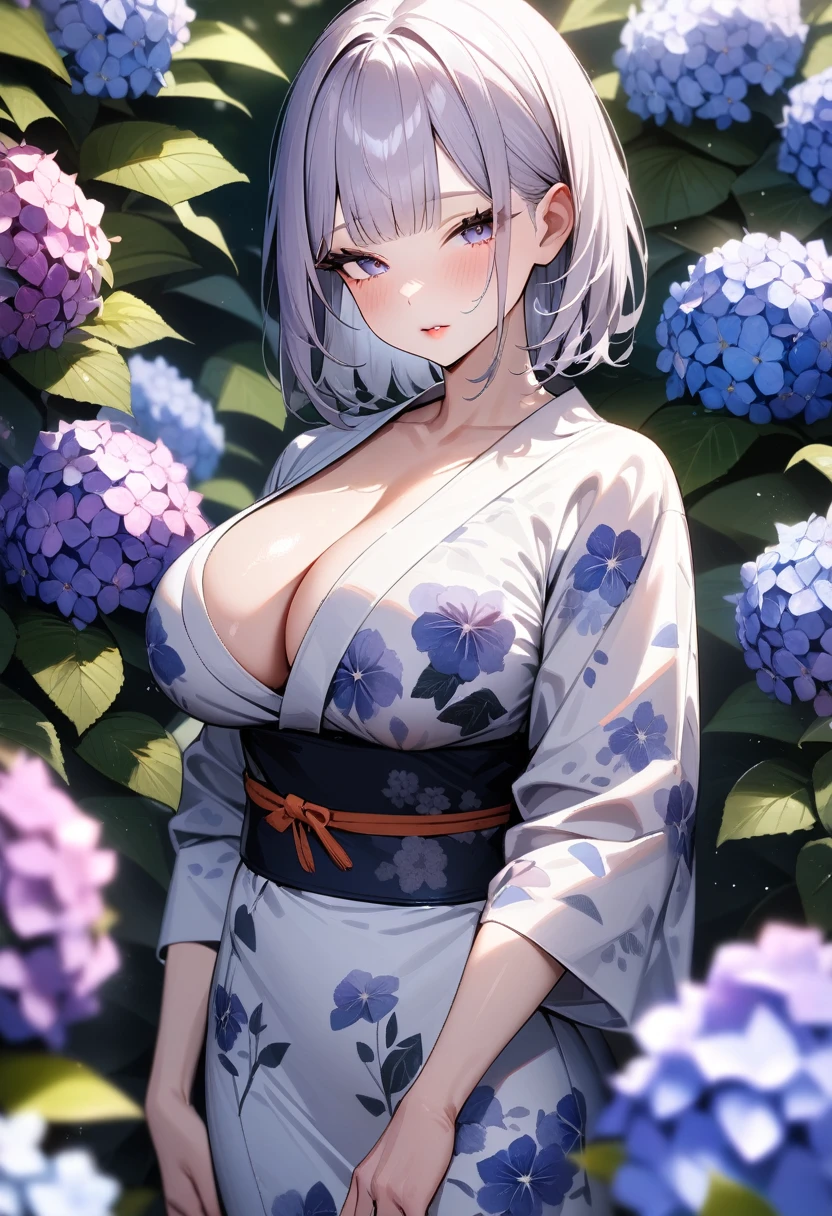 1girl,solo,super detailed skin,shiny skin,natural face ,half open eyes,eyelashes,lips gloss,pale purple hair,blunt bangs,short straight hair,large breasts,floral printed kimono,cowboy shot,hydrangea,garden,masterpiece,best quality,ultra detailed,high resolution,sharp focus,depth of field