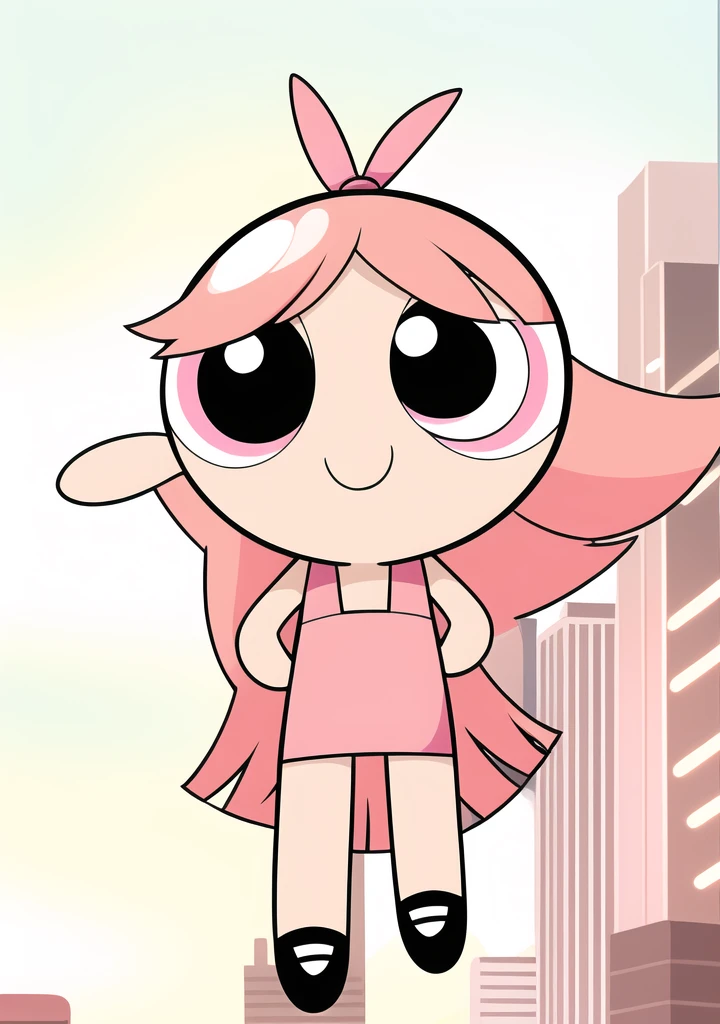 ((cute smile)), full body, 1girl , chibi, hair ornament, pink hair, brown eyes, cute Dress, city background,