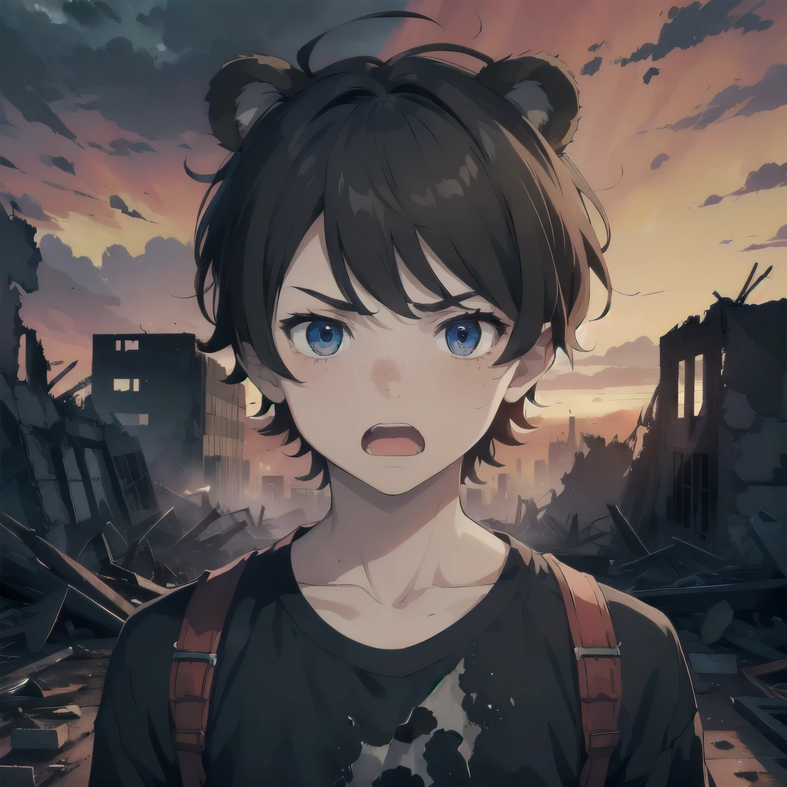 (masterpiece), 1boy, solo, solo male, best quality, expressive eyes, perfect face, sketch style, (sfw), best quality, kemonomimi, bear ears, animal ears, brown hair, short hair, messy_hair, blue eyes BREAK freckles, (little boy, young boy), standing, angry face, looking at viewer, ((torn clothes, black outfit), (destroyed city, dark clouds), night sky, ((red sky)), apocalypsis city, ((ruins)), Open mouth, outdoors