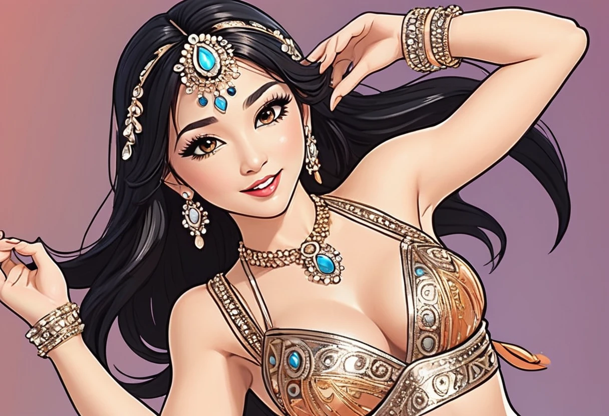 comic style, bellydancer, belly dancer, chibi style, bellydancer, cartoon, dance positions, entyre body, Dubay Glamour, luxurious clothes, and showing crystal shoes, dancing, entyre body drawing, sitdown , opens your arms, beter quality