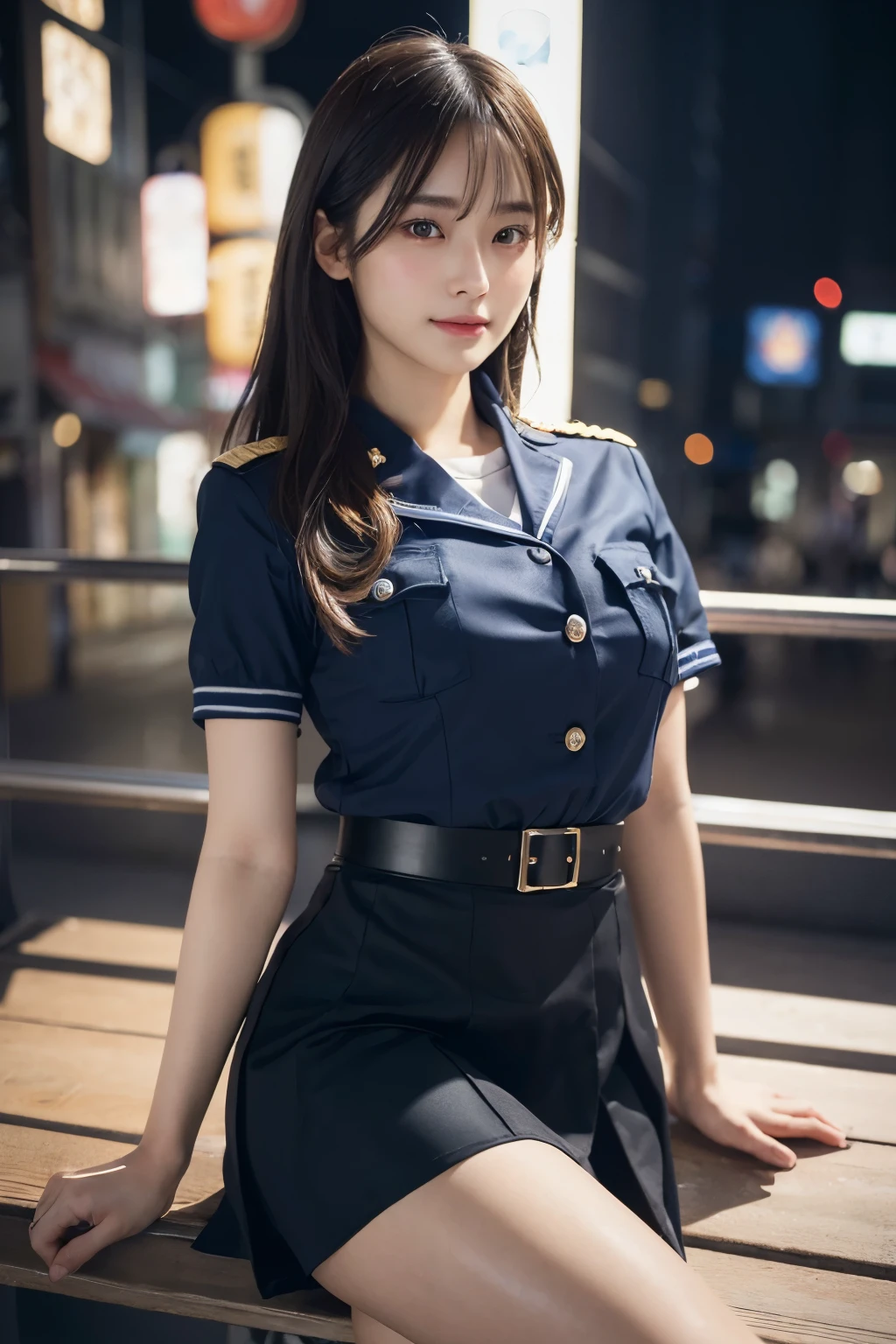 An innocent 20-year-old girl、((Japanese police officer, Police uniform, skirt, Cute and elegant, Dramatic Pose)),Big Breasts、smile,Night city background,Shortcuts、RAW Photos, (8k、highest quality、masterpiece:1.2)、(Intricate details:1.4)、(Realistic:1.4)、Octane Rendering、Complex 3D rendering with ultra-detail, Studio Soft Light, Rim Light, Crisp details, Super detailed, Realistic skin texture, detailed aspects, Beautiful details in the eyes, Highly detailed CG Unity 16k wallpaper, Compensate, (Detailed Background:1.2), Glowing Skin, whole body,,Sit on a bench