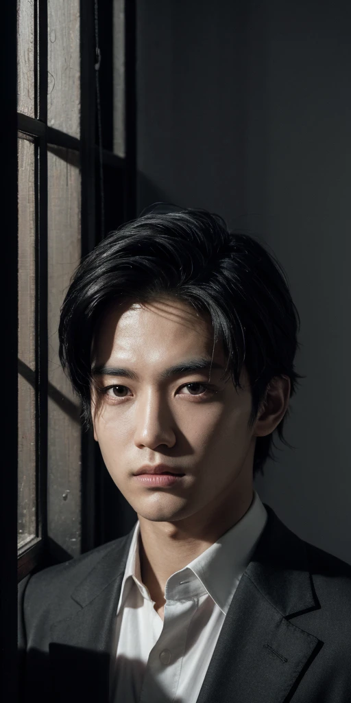 Night, pitch black, by the window, a handsome boy, white suit, panic, energy flow around, red moonlight, black eyes, facial ultra-detail, short black hair, facial ultra-detail, highly realistic, 4K, chiaroscuro, super high detail