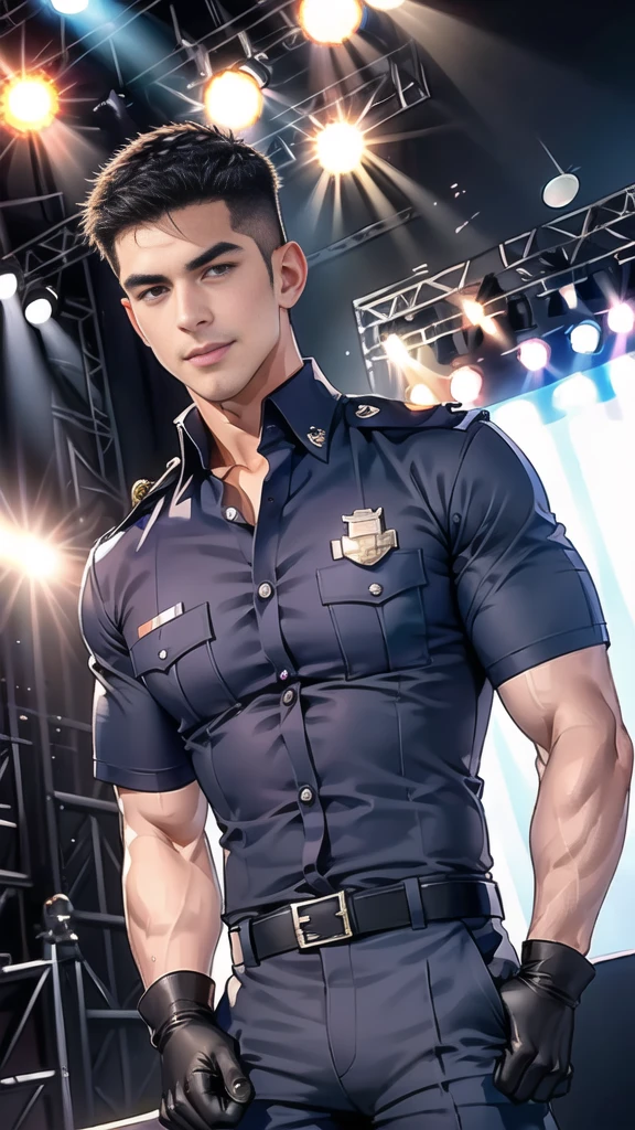 handsome man Lying down next to the stage,(crew cut short hair:1.2),black eye,smile,open mouth
(navy police uniform:1.2),(shirt short sleeves:1.2),collar,(shirt covered over:1.2),(name tag and Police badge:1.2),(shirt no buttons:1.1),(black_gloves:1.3),
(Navy blue cargo:1.2),Korean guy,korean men,(High gloss details),(chest muscles:1.2),(large arm muscles:1.2),blood vessel,Big muscles,Broad shoulders,looking at the audience,Balancing the eyes,middle of the road,(stage:1.4),