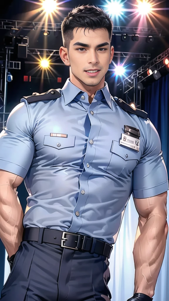 handsome man Lying down next to the stage,(crew cut short hair:1.2),black eye,smile,open mouth
(navy police uniform:1.2),(shirt short sleeves:1.2),collar,(shirt covered over:1.2),(name tag and Police badge:1.2),(shirt no buttons:1.1),(black_gloves:1.3),
(Navy blue cargo:1.2),Korean guy,korean men,(High gloss details),(chest muscles:1.2),(large arm muscles:1.2),blood vessel,Big muscles,Broad shoulders,looking at the audience,Balancing the eyes,middle of the road,(stage:1.4),