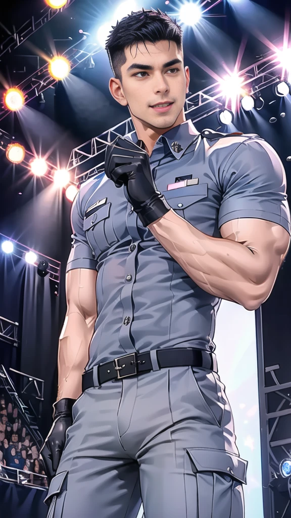 handsome man  Lying down next to the stage,(crew cut short hair:1.2),black eye,smile,open mouth
(navy police uniform:1.2),(shirt short sleeves:1.2),collar,(shirt covered over:1.2),(name tag and Police badge:1.2),(shirt no buttons:1.1),(black_gloves:1.3),
(Navy blue cargo:1.2),Korean guy,korean men,(High gloss details),(chest muscles:1.2),(large arm muscles:1.2),blood vessel,Big muscles,Broad shoulders,looking at the audience,Balancing the eyes,middle of the road,(stage:1.4),