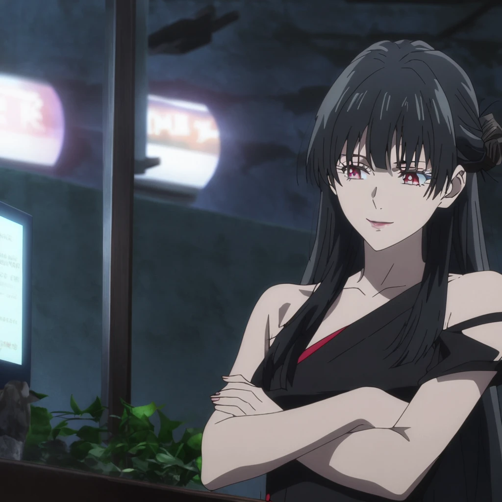 1girl, female gojo satoru, anime screencap from jujutsu kaisen, gojo satoru female version, solo, long_hair, red eyes, ((black_hair)), night view, breasts, upper_body, smile, indoors, book, bangs, blue_eyes, lips, (wearing round sunglasses) , ((her hairstyle : The character in the image has long straight black hair)) wearing black color party dress, bare shoulder, breast, "very detailed and high resolution" (red eyes) ((cross arms)) ((long hair)) ((solo)) ((high resolution)) ((upper body)) (Good quality)