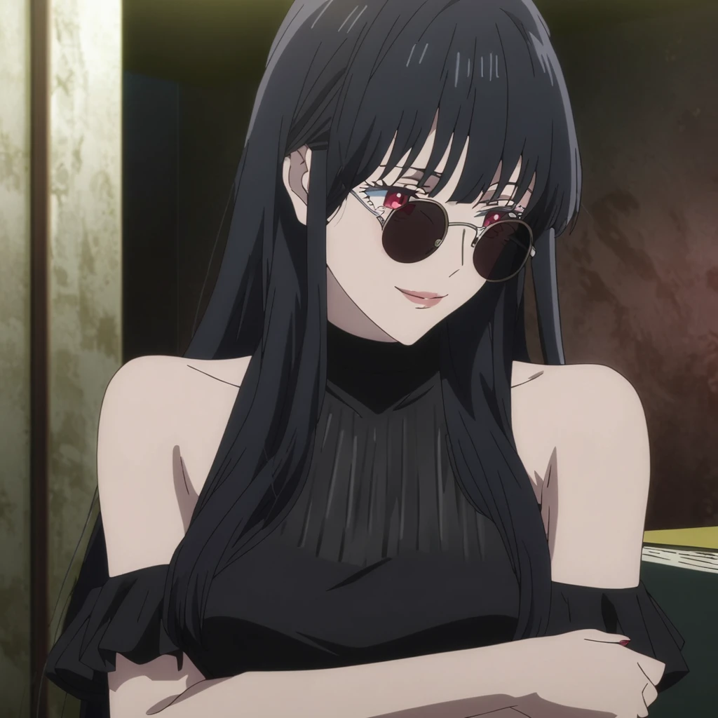 1girl, female gojo satoru, anime screencap from jujutsu kaisen, gojo satoru female version, solo, long_hair, red eyes, ((black_hair)), night view, breasts, upper_body, smile, indoors, book, bangs, blue_eyes, lips, (wearing round sunglasses) , ((her hairstyle : The character in the image has long straight black hair)) wearing black color party dress, bare shoulder, breast, "very detailed and high resolution" (red eyes) ((cross arms)) ((long hair)) ((solo)) ((high resolution)) ((upper body)) (Good quality)