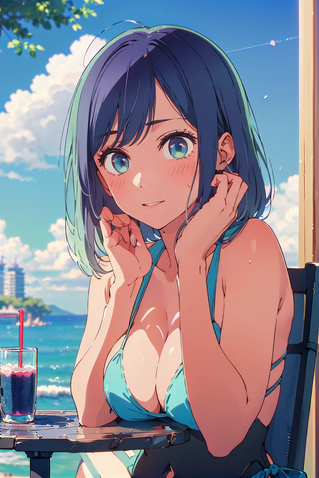 (Highest quality:1.4、masterpiece:1.4、Super detailed:1.4、8K:1.4)、F cup bust、Big Breasts、Slim body、((((1 person、Surprised expression、sit、Chair、In the background are the urban buildings of Tokyo、looking at the camera、Outdoor café terrace、coastal、Navy hair color、juice、table、Shooting up close、Very cute face))))、(Pose of putting hair behind ears with hands:1.4、Cheek resting on hand:1.4)、((nude、Areola、bikini))、Very blue sky、A completely cloudless sky、Big eyes、((((Shallow depth of field))))、Pink Lips