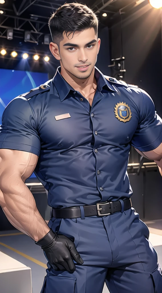 handsome man Lying down next to the stage ,(crew cut short hair:1.2),black eye,smile,open mouth (navy police uniform:1.2),(shirt short sleeves:1.2),collar,(shirt covered over:1.2),(name tag and Police badge:1.3),(shirt no buttons:1.1),(black_gloves:1.3), (Navy blue cargo:1.2),Korean guy,korean men,(High gloss details),(chest muscles:1.2),(large arm muscles:1.2),blood vessel,Big muscles,Broad shoulders,looking at the audience,Balancing the eyes,middle of the road,(stage:1.2),