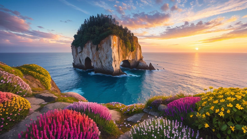 nature, Detailed lighting, Sea of Flowers, Sky, Sunset, breeze, Fallen Leaves, cliff, The most beautiful place on earth