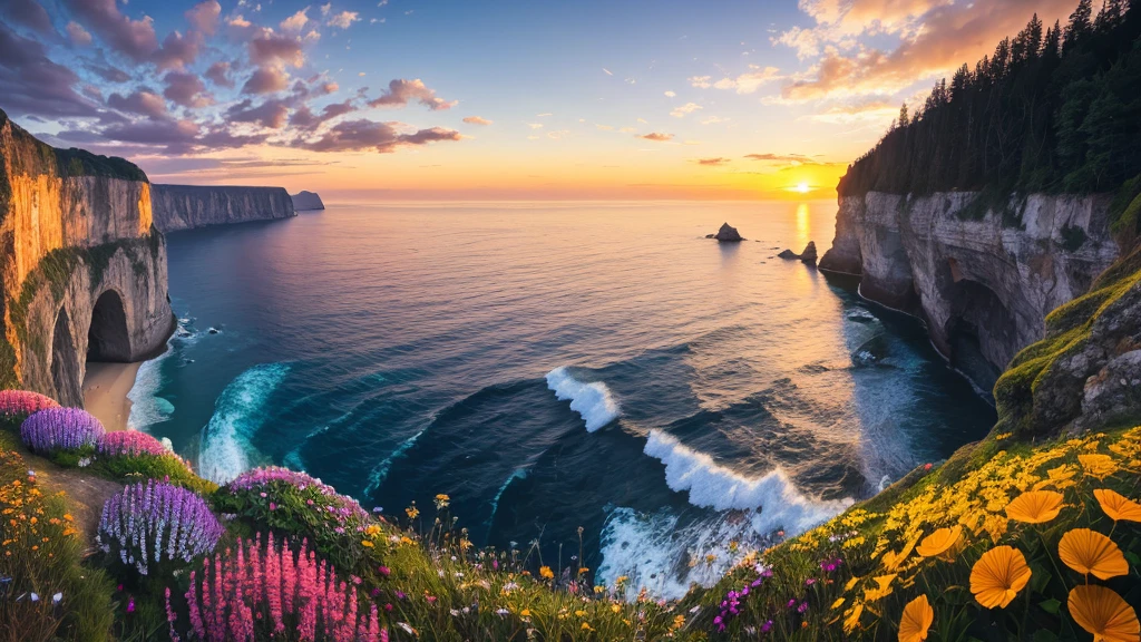 nature, Detailed lighting, Sea of Flowers, Sky, Sunset, breeze, Fallen Leaves, cliff, The most beautiful place on earth