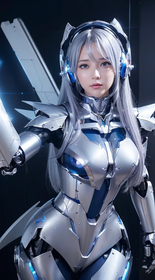 ((Intense action pose:1.6))、((Shining lenses on both breasts:1.3))、((Blue pillars of light are emanating from both chests.:1.3))、smile、((8K)), ((32k)), ((Highest quality)), ((masterpiece)), ((超A high resolution)), ((Tmasterpiece)), ((Halation:1.4))、((Mechaニカルheadgear:1.2))、((Cyber Headphones:1.3))、Fine skin, High quality fabric, Fine metal texture、((Beautiful and dense face))、RAW Photos、Professional, Ultra-fine painting, ((alone)), Beautiful breasts、Highest quality, Very detailed, Very detailed詳細, Finer details, so beautiful, ((Princess Knight Robot:1.2)), (Joints of machines, Mechanical Limbs:1.3), (The internal structure of the machine is exposed:1.3), (Long silver hair:1.1), (Beautiful and huge mechanical breasts)、White Veil, cowboy_shot, Side Focus, headgear, Shiny、(Five Fingers, Four fingers and thumb),Concept Art, Anime fantasy artwork, Detailed fantasy art, (with pale blue-violet hair and large white wings,,,,,,,), (((Long silver hair))), (Mecha:1.6)、Sleek and intimidating design, ((Commander-in-Chief'arm)), (Perfect robot body)、純白と青紫armまたは, Symmetrical wings, 8K high quality, detailed art, 3D rendering of character art in 8K, neat legs, Defined, Defined fingers,