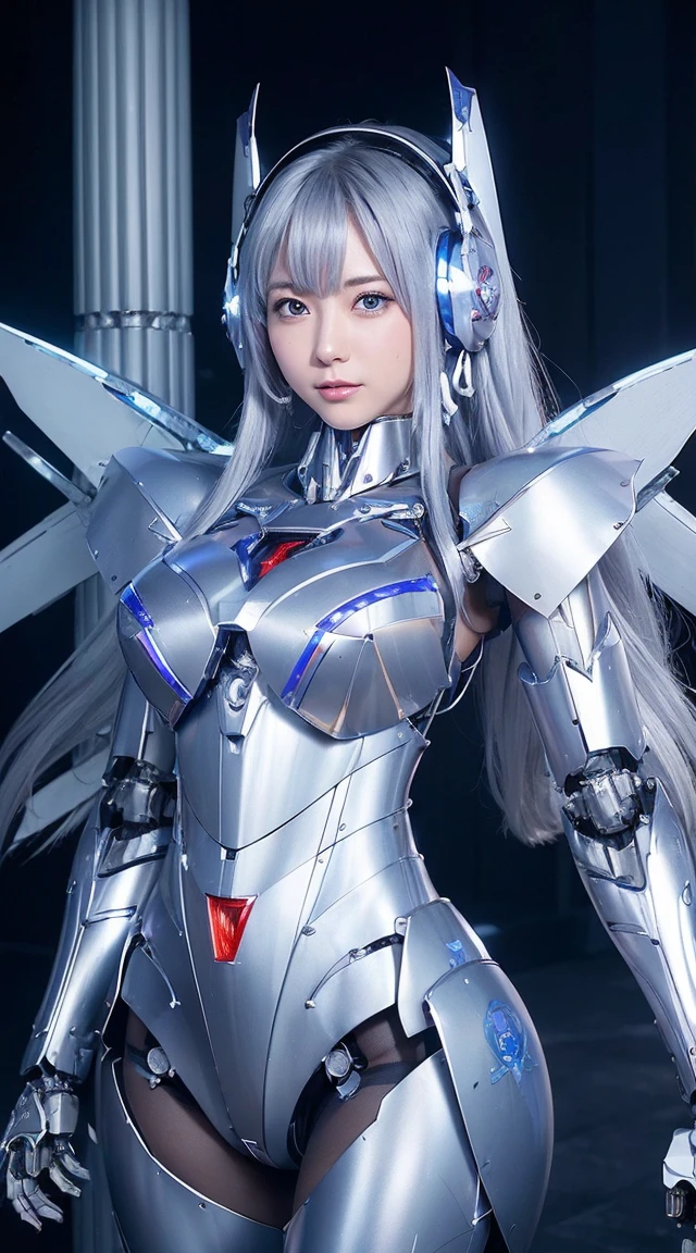 ((Intense action pose:1.6))、((Shining lenses on both breasts:1.3))、((Blue pillars of light are emanating from both chests.:1.3))、smile、((8K)), ((32k)), ((Highest quality)), ((masterpiece)), ((超A high resolution)), ((Tmasterpiece)), ((Halation:1.4))、((Mechaニカルheadgear:1.2))、((Cyber Headphones:1.3))、Fine skin, High quality fabric, Fine metal texture、((Beautiful and dense face))、RAW Photos、Professional, Ultra-fine painting, ((alone)), Beautiful breasts、Highest quality, Very detailed, Very detailed詳細, Finer details, so beautiful, ((Princess Knight Robot:1.2)), (Joints of machines, Mechanical Limbs:1.3), (The internal structure of the machine is exposed:1.3), (Long silver hair:1.1), (Beautiful and huge mechanical breasts)、White Veil, cowboy_shot, Side Focus, headgear, Shiny、(Five Fingers, Four fingers and thumb),Concept Art, Anime fantasy artwork, Detailed fantasy art, (with pale blue-violet hair and large white wings,,,,,,,), (((Long silver hair))), (Mecha:1.6)、Sleek and intimidating design, ((Commander-in-Chief'arm)), (Perfect robot body)、純白と青紫armまたは, Symmetrical wings, 8K high quality, detailed art, 3D rendering of character art in 8K, neat legs, Defined, Defined fingers,