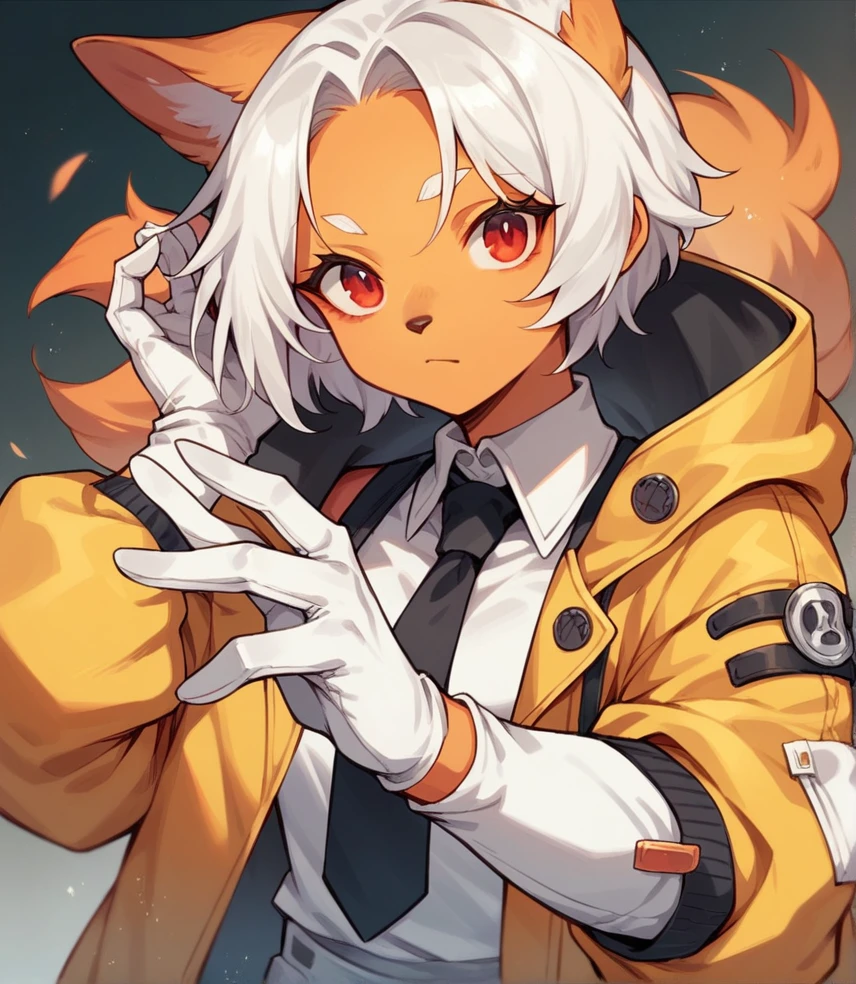 female dog woman. orange fur. Short orange and white hair. white hands. Red eyes. one lens. He is in a yellow jacket