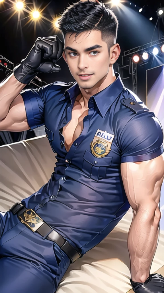 handsome man Lying down next to the stage on the table ,(crew cut short hair:1.2),black eye,smile,open mouth (navy police uniform and t-shirt:1.2),(open shirt short sleeves:1.2),collar,(shirt covered over:1.2),(name tag and Police badge:1.2),(shirt no buttons:1.1),(black_gloves:1.3), (Navy blue cargo:1.2),Korean guy,korean men,(High gloss details),(chest muscles:1.2),(large arm muscles:1.2),blood vessel,Big muscles,Broad shoulders,looking at the audience,Balancing the eyes,middle of the road,(stage:1.4)