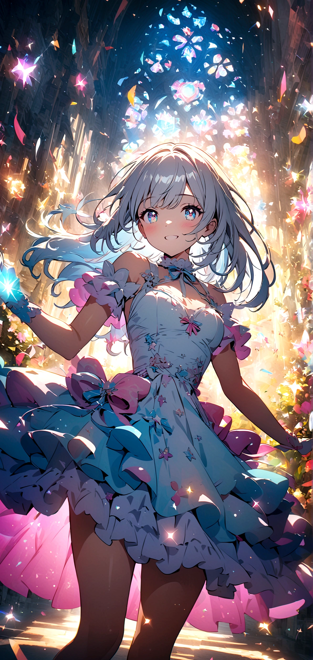 anime style, 8k, top quality, Masterpiece, super detailed, A beautiful girl with long silver hair and a radiant smile, standing in a magical landscape filled with glowing light particles and sparkling effects. The scene features pastel colors. Her eyes reflect joy and sparkle with light. She wears a white frilly dress adorned with cute ribbons and accessories, emphasizing the celebratory atmosphere. Created Using: transparent and bright colors, soft lighting effects, detailed rendering, joyful reflections in eyes, hd quality, vivid style