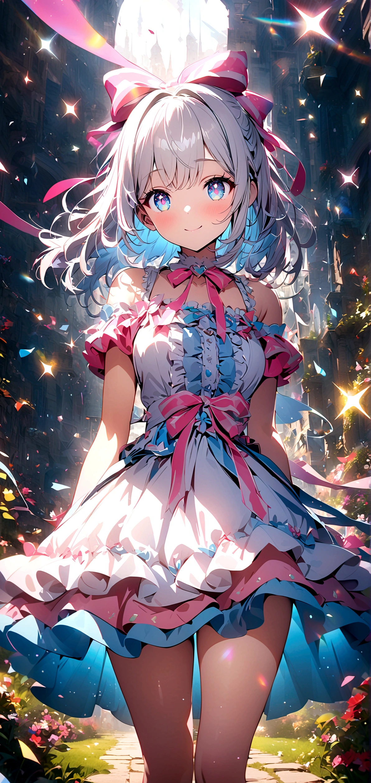 anime style, 8k, top quality, Masterpiece, super detailed, A beautiful girl with long silver hair and a radiant smile, standing in a magical landscape filled with glowing light particles and sparkling effects. The scene features pastel colors. Her eyes reflect joy and sparkle with light. She wears a white frilly dress adorned with cute ribbons and accessories, emphasizing the celebratory atmosphere. Created Using: transparent and bright colors, soft lighting effects, detailed rendering, joyful reflections in eyes, hd quality, vivid style