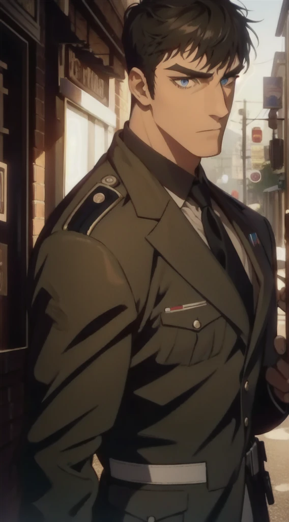 masterpiece，Best quality，illustration，lifelike，Photorealism，Facial details，Official Art，light，Tie military uniform，1 man，hansome，male，[[[［muscle］]],｛Large back hair style｝，Neat hair，Black hair，Short hair，blue eyes，serious，Looking at the audience
