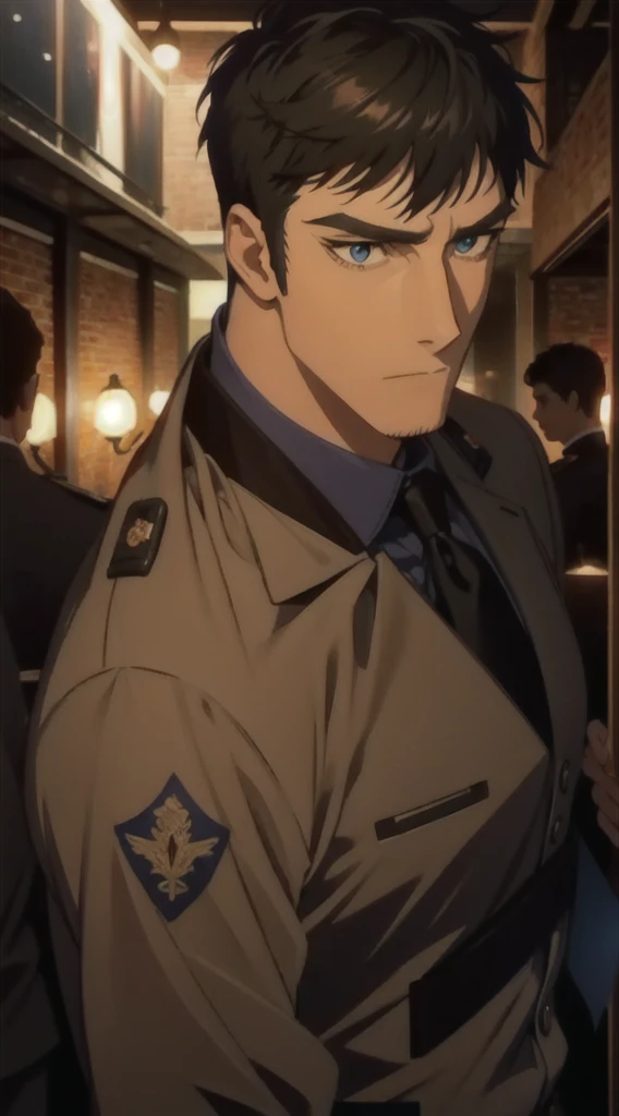 masterpiece，Best quality，illustration，lifelike，Photorealism，Facial details，Official Art，light，Tie military uniform，1 man，hansome，male，[[[［muscle］]],｛Large back hair style｝，Neat hair，Black hair，Short hair，blue eyes，serious，Looking at the audience
