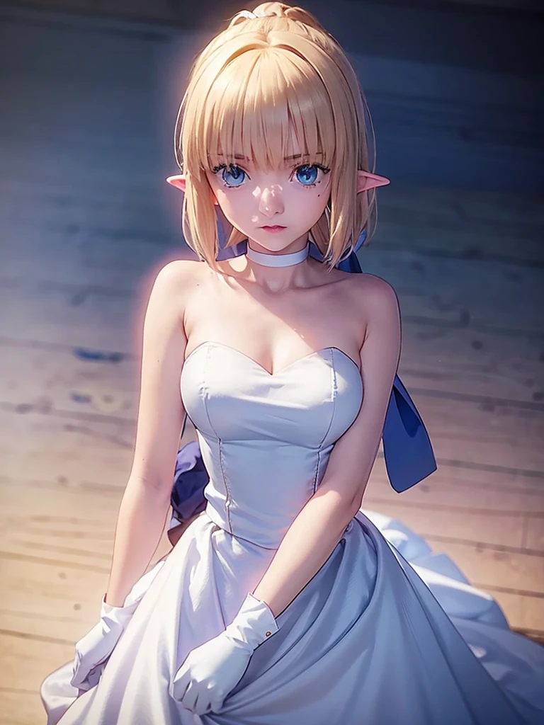 masterpiece,highest quality, One Girl, gloves, Elbow Groove, choker, White dress, chest, clavicle, ponytail, Chest cleavage, Strapless Dress, bow, Exposing shoulders, short hair, Blue choker, Hair bow, Blue Ribbon, big breast, adult 20 years old, full body, head to leg, detailed body, detailed face, mouth closed, elf ears, no weapon, facing viewer.