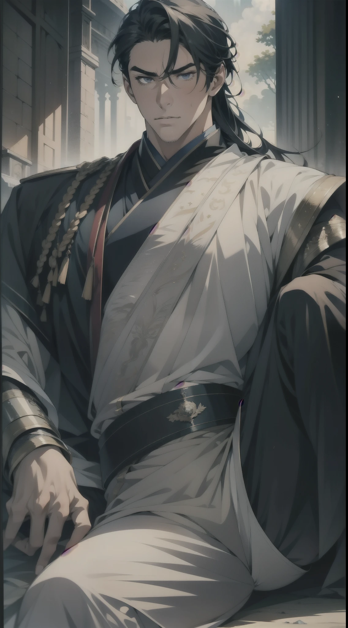 masterpiece，Best quality，illustration，lifelike，Photorealism，Facial details，Official Art，light，Tie military uniform，1 man，Sitting，Close-up of the pants，Crotch angle，solo，hansome，male，[[[［muscle］]],｛No bangs｝，Neat hair，Black hair，Short hair，blue eyes，serious，Looking at the audience，Blue sky，dark clouds，Sunlight
 