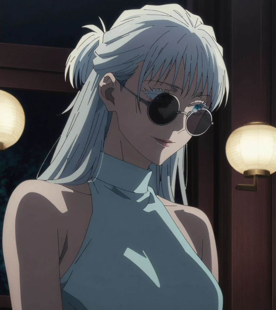 1girl, female gojo satoru, anime screencap from jujutsu kaisen, gojo satoru female version, solo, long_hair, blue eyes, ((white eyelashes)), ((white_hair)), night view, breasts, upper_body, smile, indoors, book, bangs, blue_eyes, lips, (wearing round sunglasses) , ((her hairstyle : The character in the image has long straight white hair, hair on her shoulder )) wearing black color party dress, bare shoulder, breast, "very detailed and high resolution" (blue eyes) ((cross arms))  ((long hair)) ((solo)) ((high resolution)) ((upper body)) (Good quality)