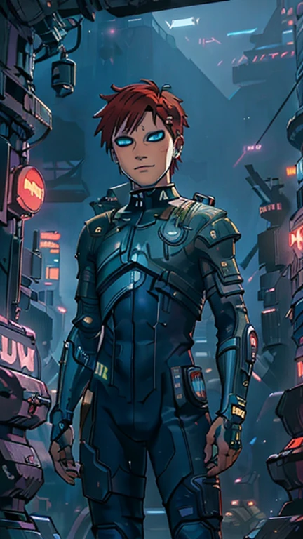 best quality,masterpiece,1boy,solo,(((ars old)japanese boy,an extremely cute and handsome hoy,highly detailed handsome face and eyes,petit,cute face,lovely face,baby fahy smile,show teeth, Red hair,short hair,flat chest,skinny,slender,(((Gaara wearing Cyberpunk Bodysuit))),(((standing in Dark Midnight Neon Glow light Cyberpunk Gotham city))),he is looking at the viewer,