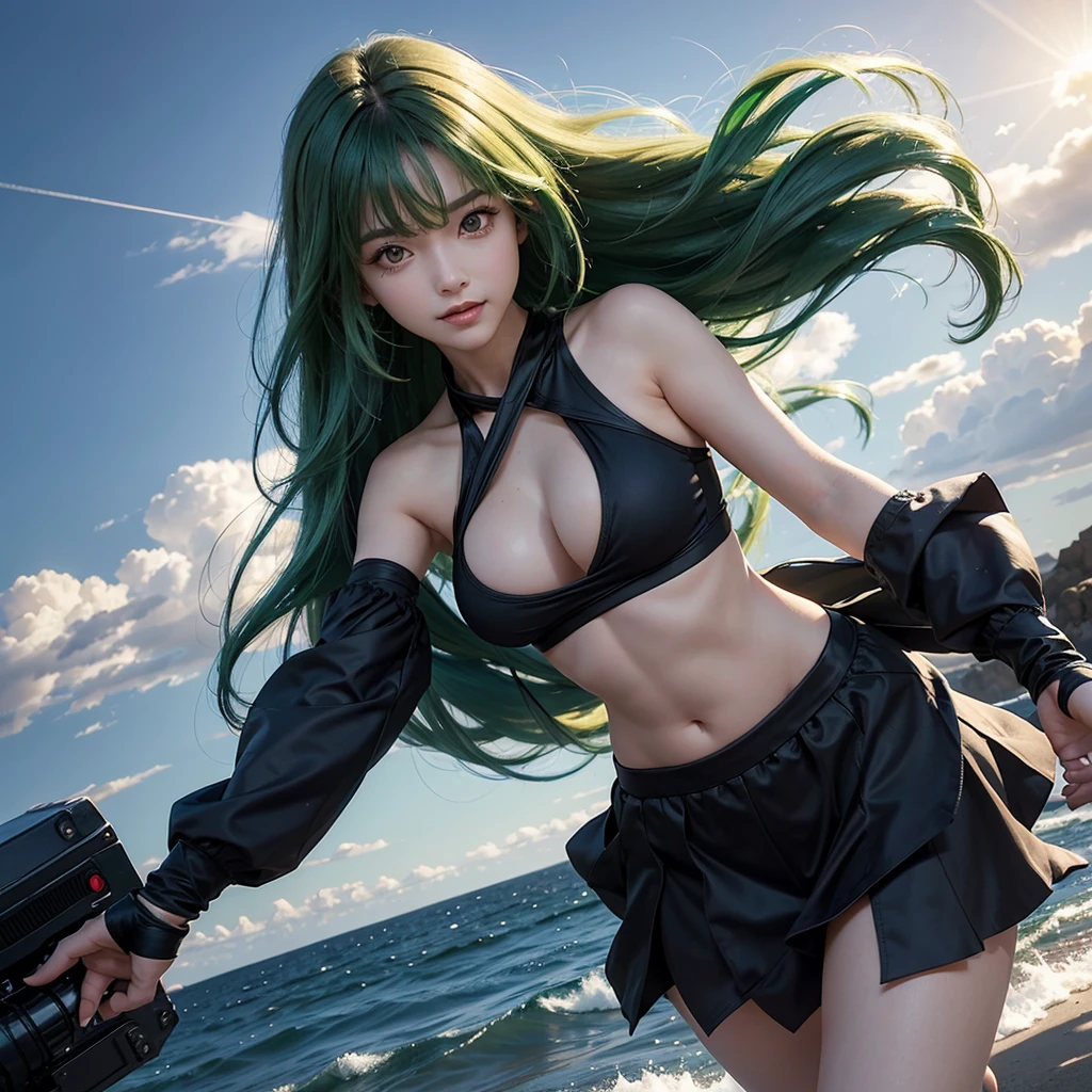 kashima,kancolle,(((Skirt underwear is visible)))、Nipple protrusion、An ultra-fine illustrations, superfine illustration, 3D, full_Body, from a_Below, Thick_thighs thighs thighs thighs, Spread_Legs, Sweat, girl,Woman, 年轻,20 years old, Very long hair, Wavy Hair, Bangs, Twin-tailed, side locks, Green hair, multicolored hair, messy long hair, Authentic and detailed face, ^_^, complex details beautiful and delicate eyes, Human Hands, Medium_breasts, , Green eyes, Wet skin, {Sailor Suit}, pleats_Skirt, Skindentation, Crop_Top, Bare_Legs, Black clothes, Beautiful and delicate purple light water surface, Outdoors, intricate light, Diffraction spikes, very fine 8K CG wallpaper, very fine 8KCG wallpaper, Hyper Detail