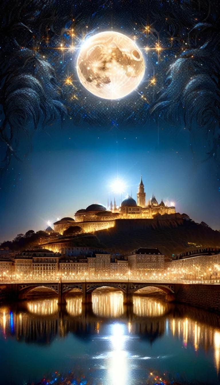 A shining city glittering in the moonlight 