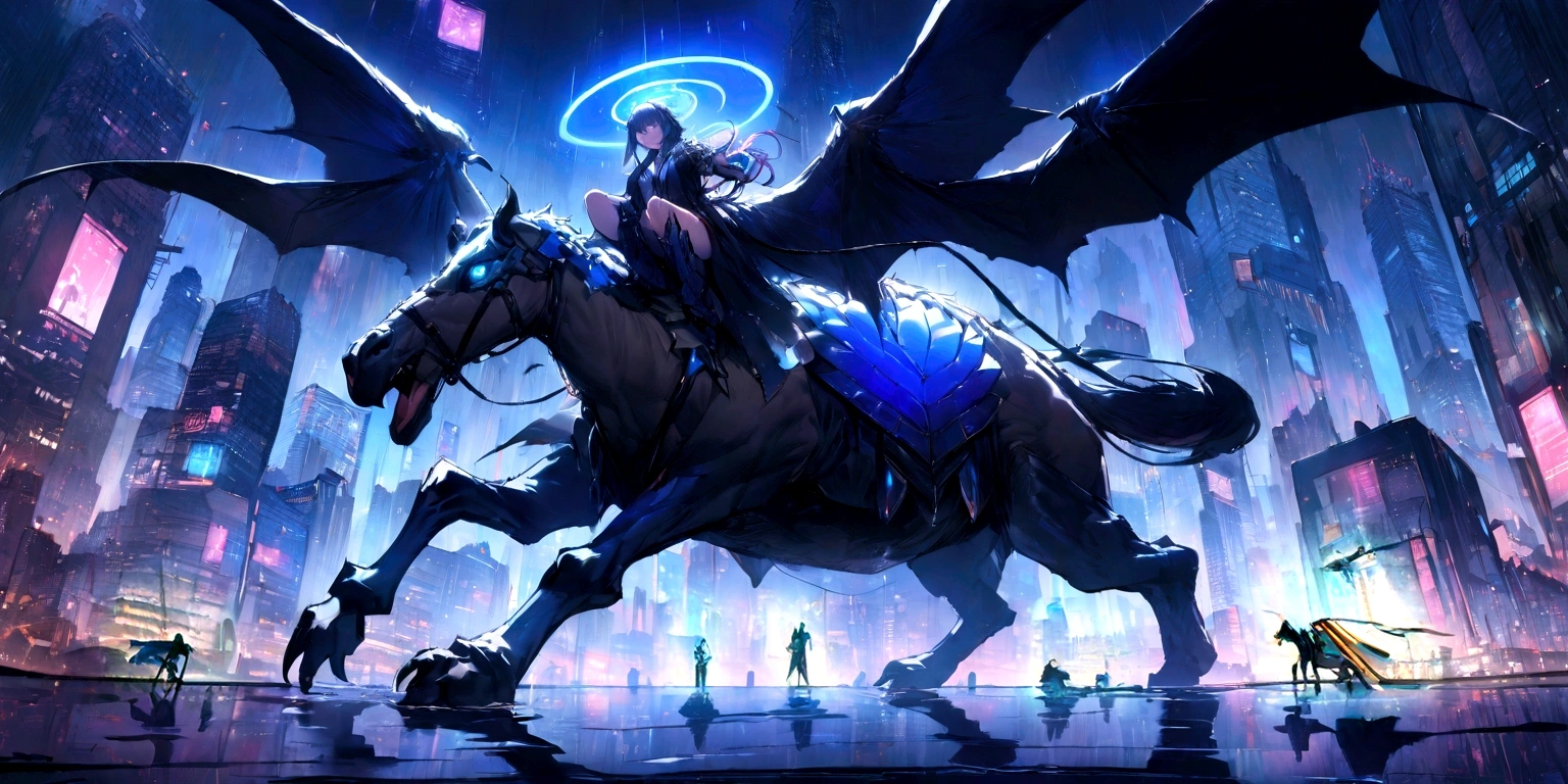 ((masterpiece, Highest quality, Best image quality, High resolution、8k)) A female demon rides a two-headed camel、Devil's Wings、Glowing blue eyes and advanced cybernetic enhancements. Seen in dynamic action poses, reflection on a smooth surface. The cityscape below is filled with towering skyscrapers., illuminated by colorful holographic advertisements, Shining with blue energy, Mighty power. The overall atmosphere is dark and mysterious., It had a futuristic techno vibe.. The lighting is dramatic, Intense highlights and deep shadows, Creates depth and tension.