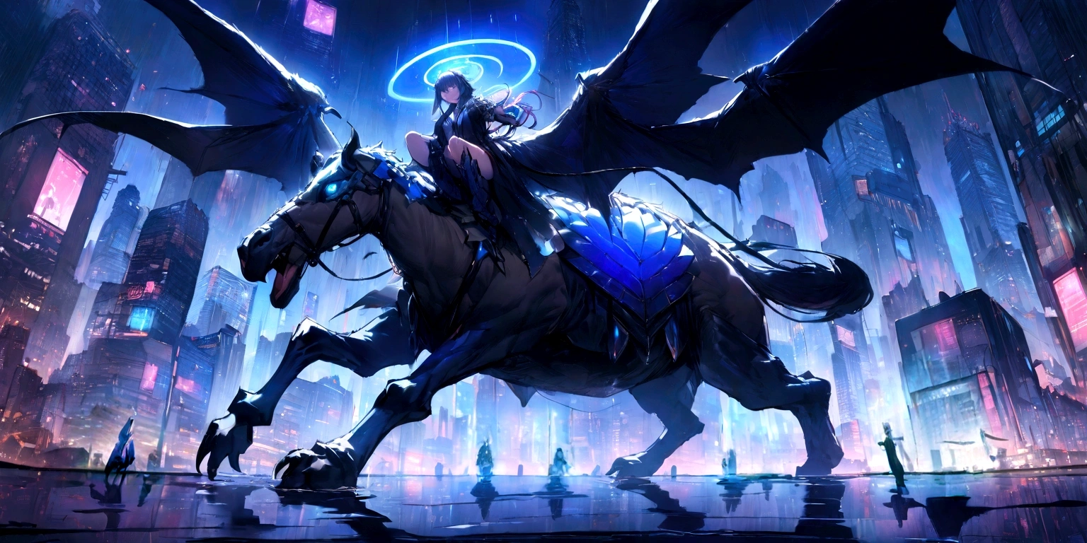 ((masterpiece, Highest quality, Best image quality, High resolution、8k)) A female demon rides a two-headed camel、Devil's Wings、Glowing blue eyes and advanced cybernetic enhancements. Seen in dynamic action poses, reflection on a smooth surface. The cityscape below is filled with towering skyscrapers., illuminated by colorful holographic advertisements, Shining with blue energy, Mighty power. The overall atmosphere is dark and mysterious., It had a futuristic techno vibe.. The lighting is dramatic, Intense highlights and deep shadows, Creates depth and tension.
