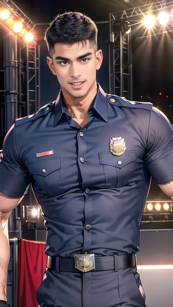 handsome man  Lying down next to the stage,(crew cut short hair:1.2),black eye,smile,open mouth
(navy police uniform:1.2),(shirt short sleeves:1.2),collar,(shirt covered over:1.2),(name tag and Police badge:1.2),(shirt no buttons:1.1),(black_gloves:1.3),
(Navy blue cargo:1.2),Korean guy,korean men,(High gloss details),(chest muscles:1.2),(large arm muscles:1.2),blood vessel,Big muscles,Broad shoulders,looking at the audience,Balancing the eyes,middle of the road,(stage:1.4),