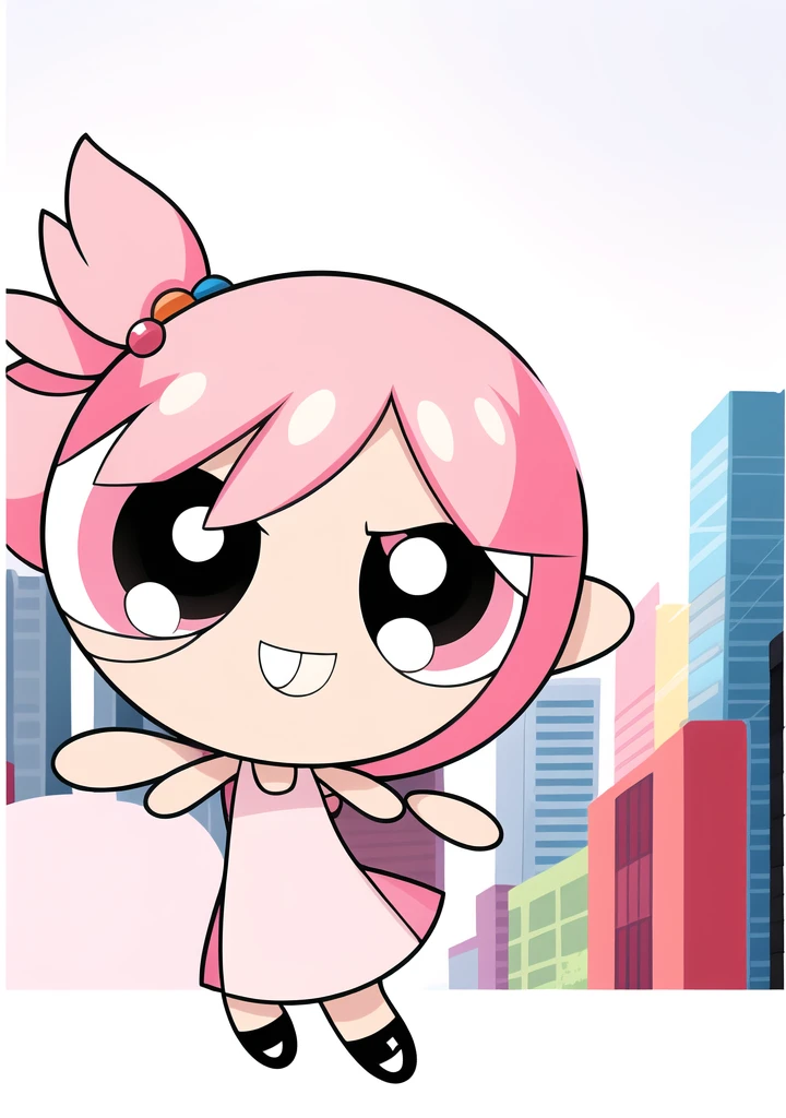 ((cute smile)), full body, 1girl , chibi, hair ornament, pink hair, brown eyes, cute Dress, city background,