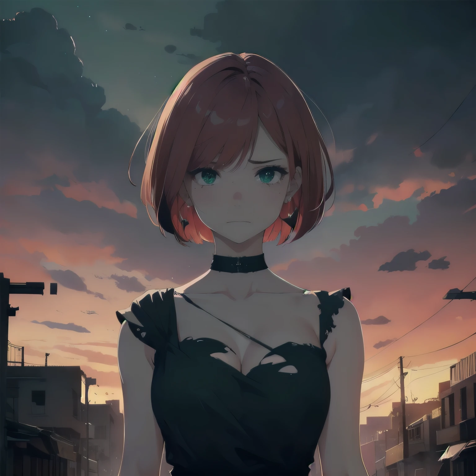 (masterpiece), best quality, expressive eyes, perfect face, 1girl, solo, bob cut, redhead, red hair BREAK short hair, green eyes BREAK blush, looking at viewer, freckles, breasts, cleavage, standing, crying tears, angry face, looking at viewer, ((torn dress, black dress)), (destroyed city, dark clouds), night sky, ((red sky)), apocalypsis city, ((ruins)), closed mouth, outdoors