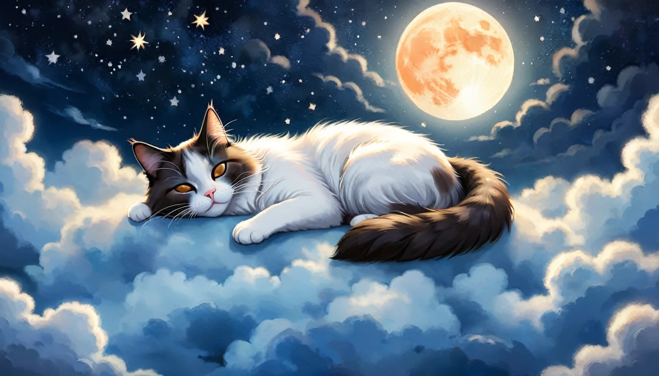 Highly detailed and realistic digital painting of a ragdoll cat with its eyes closed, sleeping peacefully on a fluffy cloud. The night sky is filled with twinkling stars and a large shining full moon. The background is dark in various shades of blue and black and features scattered stars and small clouds. The cat's fur is vividly rendered in shades of orange and white, gently reflecting the moonlight. The overall mood should be calm and dreamy, capturing the essence of a peaceful night.