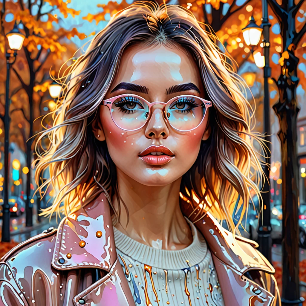 a woman wearing glasses, pastel colors, autumn lights, luminous design, ink drips, highly detailed, hyper realistic, 8k, 4k, detailed face, beautiful detailed eyes, beautiful detailed lips, extremely detailed face, long eyelashes, elegant pose, fashion illustration, oil painting, digital painting, soft lighting, warm tones, atmospheric, cinematic, dreamy