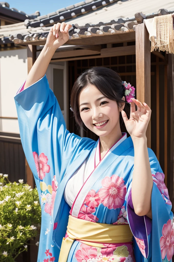 A beautiful smiling woman in a kimono greets people with a cheerful "Good morning" as her arms open under the blue sky