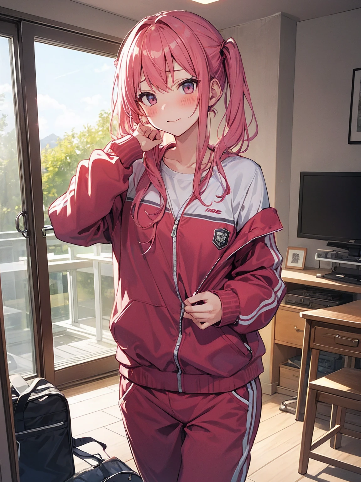 体育倉庫室で青い長袖tracksuit in schoolを脱ぐExhibitionismの女, blush, ((Exhibitionism))
