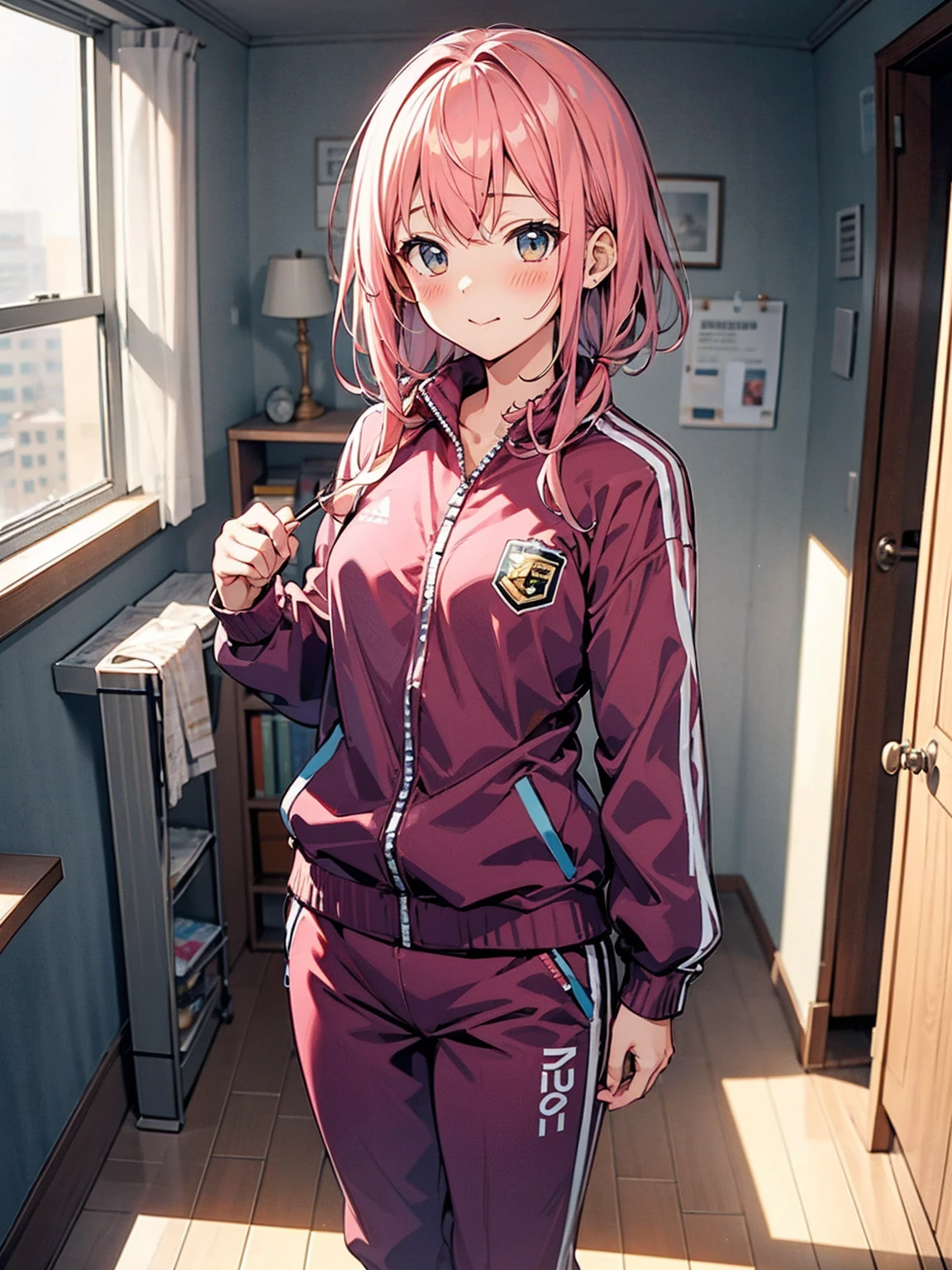体育倉庫室で青い長袖tracksuit in schoolを脱ぐExhibitionismの女, blush, ((Exhibitionism))