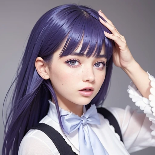 a beautiful girl with purple hair, wearing a dress with a bowtie and mary janes, purple eyes, in a seductive pose licking her lips with a neutral expression, photographed from a lower angle, realistic, photo-realistic, extremely detailed 8K wallpaper, best quality, masterpiece, 1 girl, beautiful detailed eyes, beautiful detailed lips, extremely detailed eyes and face, long eyelashes