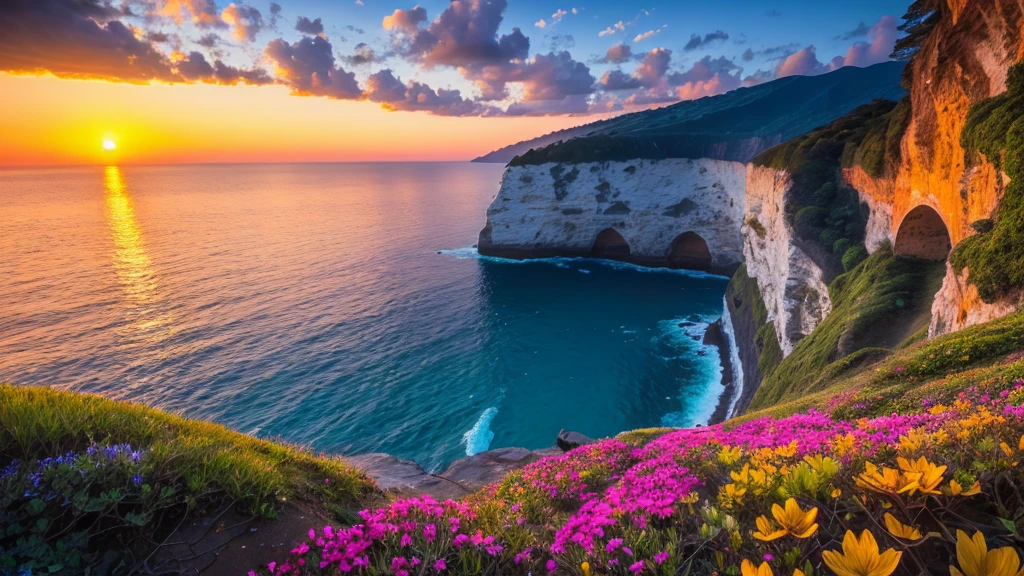 nature, Detailed lighting, Sea of Flowers, Sky, Sunset, breeze, Fallen Leaves, cliff, The most beautiful place on earth