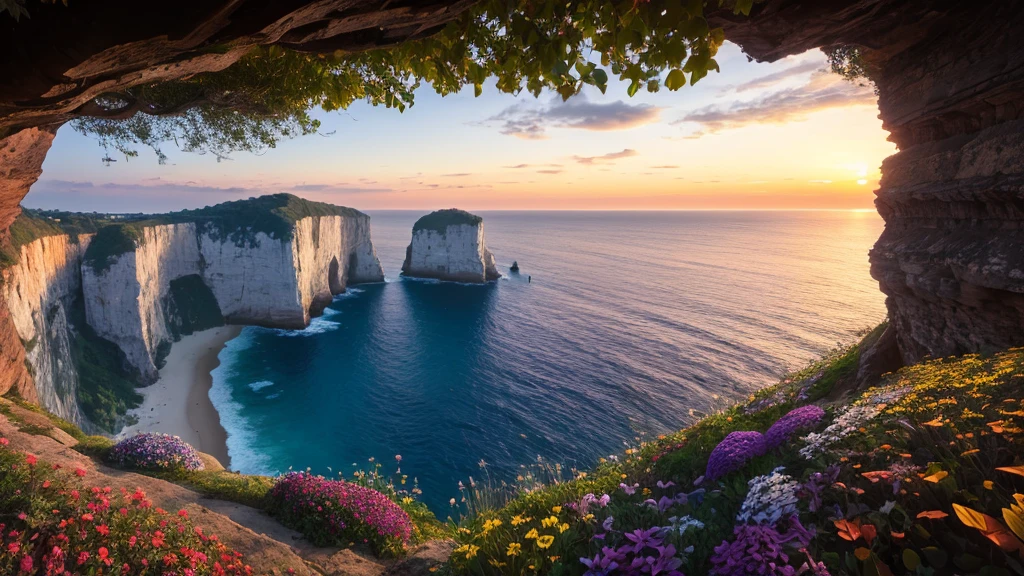 nature, Detailed lighting, Sea of Flowers, Sky, Sunset, breeze, Fallen Leaves, cliff, The most beautiful place on earth