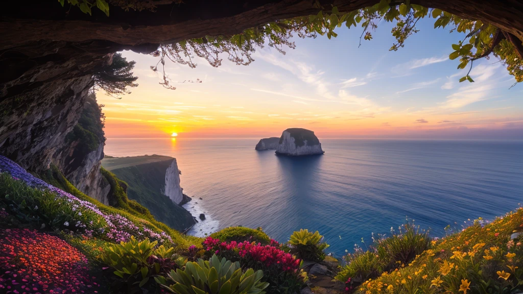 nature, Detailed lighting, Sea of Flowers, Sky, Sunset, breeze, Fallen Leaves, cliff, The most beautiful place on earth