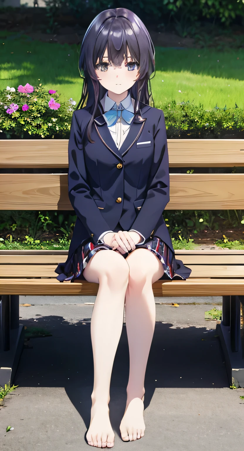 Highest quality, masterpiece, High resolution, (Head to Toe full body), front, frontComposition from slightly below, Symmetric, Tall 18 year old girl, alone, (Head to Toe), (Small breasts), Black Hair, bangs, ローファー、(黒いタイツ) (Sit with your legs apart), (Crouching pose), (Sit on a bench with your legs spread), (M-shaped feet),、 Thin legs, Very beautiful tall 18 year old girl, Looking into the camera, blazer uniform, Checkered Pleated Skirt