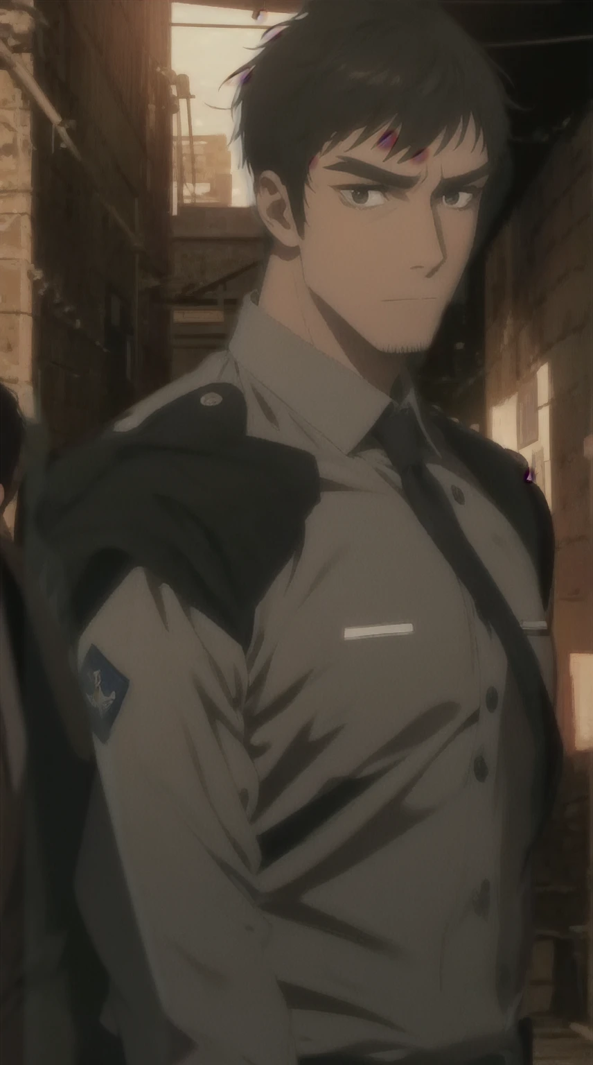 masterpiece，Best quality，illustration，lifelike，Photorealism，Facial details，Official Art，light，Tie military uniform，1 man，hansome，male，[[[［muscle］]],｛Large back hair style｝，Neat hair，Black hair，Short hair，blue eyes，serious，Looking at the audience
