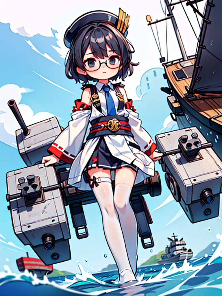 ((((Full body of a woman with perfect flat chest、solo、Short unkempt black hair、Tie your messy hair at the nape of your neck、white military jacket、Miko costume、tights、Black glasses、White military cap、Cloudy black eyes、Confused eyes、Eyes Beginning to Open、Junyo hair accessories)))), (((masterpiece))), (((Shipgirl))), ((Floating on the morning sea with both feet)), (Spread your legs wide open), (Hold the turret with your right hand), (Mechanical arms extending from the waist are used to equip the ship with battleship equipment.), (Equipped with a turret on the back), (Holds a triple turret on the left arm), Shotgun belt on thigh, Spreading the Machine's Wings, Machine tail, Holding a shotgun,