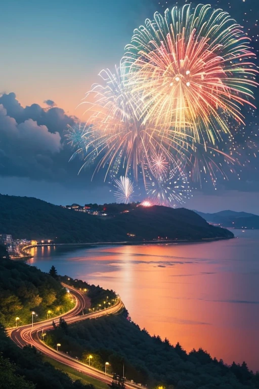Highest quality、Landscape painting、firework
