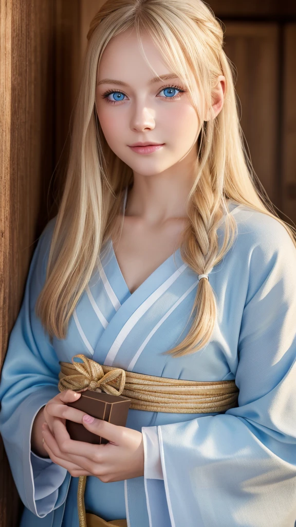 Highest quality, from head to toe, Soft Light, Ultra-high resolution, (Realistic:1.4), RAW Photos, 1 Russian blonde girl, alone, cute, (A shy smile:0.5), (Blue Eyes, Light in your eyes), Beautiful face in every detail, (Small box),(High resolution detail of human skin texture), (Long Hair), Mini Kimono